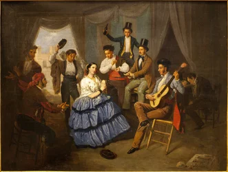 Dansare i ett karnevalshus. Målning av Manuel Cabral Bejarano (1827-1891), olja på duk