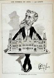 Tecknad film av M. Poubelle, prefekt för Seine, bärande stadshuset i Paris på en platå - Dess. av Luque, i "La Caricature"" av 13/08/1887¿