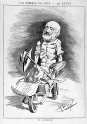 Förvandlingar av Paris under det andra imperiet, Haussmann Paris: Humoristisk teckning föreställande Jean Charles Adolphe Alphand (1817-1891), ingenjör. Han deltog i renoveringen av Paris ledd av baron Haussmann mellan 1852 och 1870. Gravyr i ”Les h
