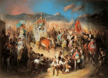 Processionen av El Rocio: Traditionellt andalusiskt firande till jungfruns ära. Målning av Manuel Rodriguez de Guzman (1818-1867). 1850-1900 Segovia. Riofrio Palace.