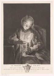 Flicka som läser ett brev vid levande ljus Le neglige galant (titel på objekt)