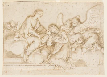 Design för en monokrom väggmålning, Church of Corpus Domini, Bologna, Italien, St. Caterina Vigri tar emot bruden från Jungfrun