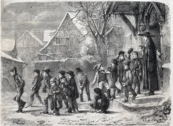 Ute från skolan på vintern. Gravyr efter en målning av M. B. Vautier i "The Universe Illustrous"