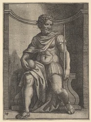 En romersk kejsare som sitter i en nisch med en glob och spira och tittar på sin..., ca. 1500-1534.