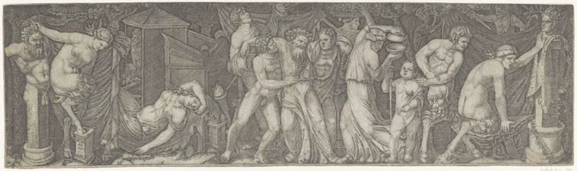 Bacchanal med berusad Bacchus och satyrer och maenader