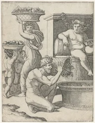 Bacchus ser på när en man och kvinna och två barn bär korgar med druvor för att göra vin Vinframställning