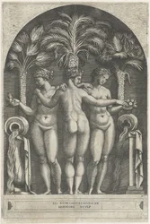 Three Graces som står i en nisch framför tre palmer och flankeras av kannor från vilka vatten rinner.