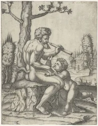 Faun med flöjt spelar med barn