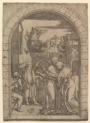 Joachim omfamnar Saint Anne under den gyllene porten i Jerusalem, efter Dürer, ca. 1500-1534.