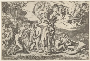 Paris dom: Paris sträcker ut sin hand mot Venus, som står mellan Juno och..., ca. 1520-50.