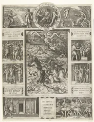 Jupiter stillar stormen till havs i rektangulär ram med nio scener från episka Aeneid