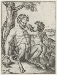 Pan med drickskopp och Bacchus som barn med en klase vindruvor