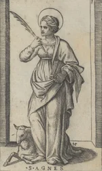 Saint Agnes står och håller en handflata i sin högra hand, ett får nere till vänster, från..., ca. 1500-1527.
