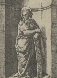 Saint Catherine stående i en nisch, vilande på ett hjul, hennes tortyrinstrument..., ca. 1500-1527.