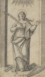 Den heliga Cecilia står och håller en martyrpalm i sin högra hand, från havet..., ca. 1500-1527.