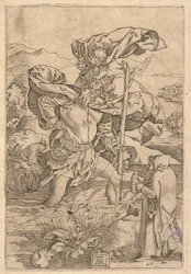 Saint Christopher korsar floden med Kristus i form av en putto på hans sh..., ca. 1500-1534.