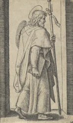Saint James Major, boken är hans högra hand, staven i hans vänstra vända höger, från t..., ca. 1500-1527.