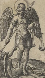 Sankt Mikael med våg och lans, en demon under honom, ur serien ”P...”, cirka 1500-1527