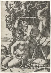Satyr och ung man slåss om nymf