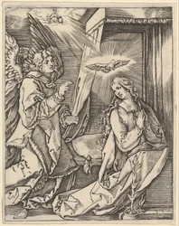 Bebådelsen, till vänster närmar sig ärkeängeln Gabriel den bedjande jungfrun..., ca. 1500-1534.