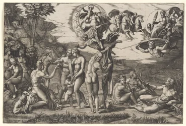 Parisdomen: han sitter till vänster med Venus, Juno och Pallas Athena, ovanför en bevingad seger, ca 1510-20 (gravyr)