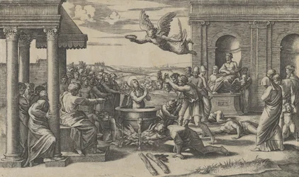 Sankta Cecilias martyrskap, stående naken i en stor kittel, till vänster under..., cirka 1520-25