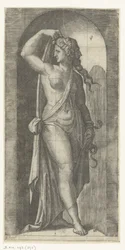 Kvinna som personifierar Prudence (Prudentia) med orm och mask Seven Virtues (serietitel)