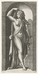 Kvinna som personifierar Prudence (Prudentia) med orm och mask Seven Virtues (serietitel)
