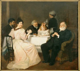 Francisque Sarcey, litteraturkritiker, hemma hos dottern till Adolphe Brisson ... (målning på duk)
