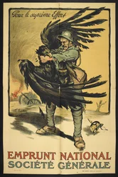 Bild på en fransk soldat som stryper en stor fågel (som representerar Tyskland?).