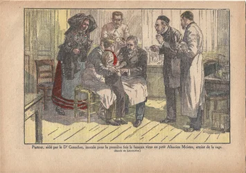 Pasteur, assisterad av Dr. Grancher, inokulerade det berömda viruset för första gången i den lilla Alsace-mästaren, infekterad med rabies., Le Pèlerin, 1922-11-5 (tryck)