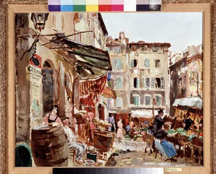 Lenche-torget i Marseille Målning av Marcel Leprin (1891-1933) Mått 50x61 cm Obligatoriskt omnämnande: Samlingsstiftelsens hälsningar från Provence, Marseille