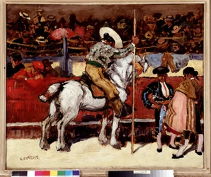 Picador och matador i arenan för tjurfäktning. Målning av Marcel Leprin (1891-1931) Dim. 50x61 cm Obligatoriskt omnämnande: Collection fondation regards de Provence, Marseille