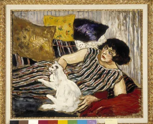 Suzanne Valadon (1865-1938) och hennes katt. Målning av Marcel Leprin (1891-1933), obligatorisk uppgift: Collection fondation regards de provence, Marseille (45 x 54 cm)