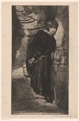 Kvinna klädd i svart, lutad mot en mur. Misère de misère (titel på objektet). Meisje van plezier (serietitel). Fille de Joie (serietitel på objektet)