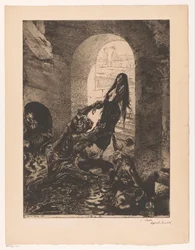 Monster tar tag i en kvinna som står i dörröppningen Offrande a Moloch (titel på objekt) Girl of pleasure (serietitel) Fille de Joie (serietitel på objekt)