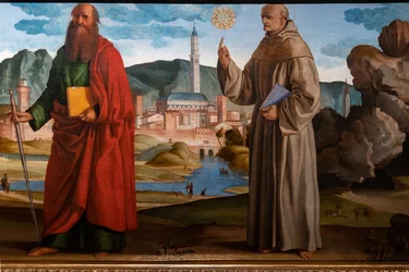 St Francis tar emot stigmata bland St. Clare och Peter, den välsignade Bartolomeo av Breganze, och St. Paul och Bernardino, detalj