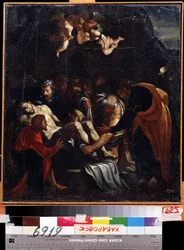Nedstigningen från korset. Bland karaktärerna representerade runt Jesu Kristi kropp: Jungfru Maria, Sankta Maria Magdalena, Sankt Josef av Arimatea och Sankt Nikodemus. Målning av Marcelle Venusti (1512 eller 1515-1579). H