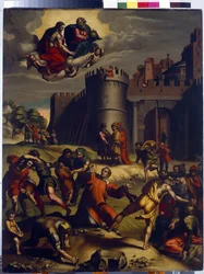 Sankt Stefans martyrskap. (Stefans martyrskap). Kristendomens förste diakon, Stefan eller Stephane (martyr år 35), stenas utanför staden Jerusalem och under sin prövning deltar i ett mirakel, Gud och Jesus Kristus visar sig, förgås