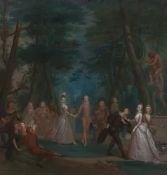 Scen i en park, med figurer från Commedia dell
