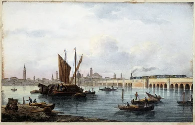 Bron över lagunen i "Album of the main views of Venice"" teckningar av Marco Moro ed. Gio Brize-Ghel n.d 1840. ca.