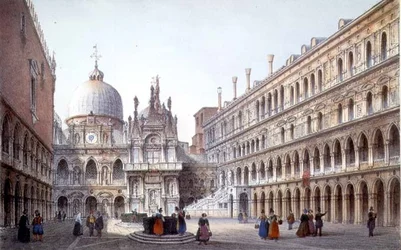 Gården i Palazzo Ducale, Venedig, graverad av Brizeghel (litho)