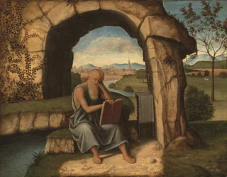 Saint Hieronymus i vildmarken (olja på panel)