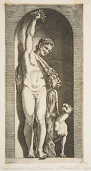 En faun som står i en nisch och håller upp ett druvklase med sin högra hand och ..., ca. 1515-27.