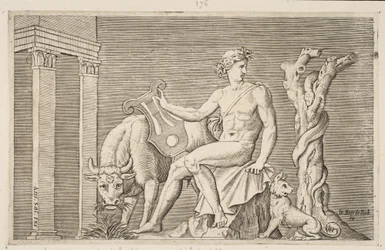 Apollo sköter Admetus flockar, Apollo sitter med en lyra och flankerad av en..., ca. 1515-27.