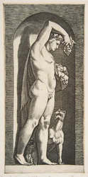 Bacchus stående i en nisch med druvor i sin upphöjda högra hand, frukt i sin l..., ca. 1515-27.