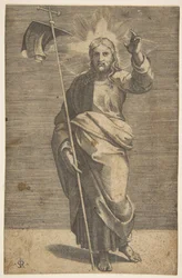 Kristus står vänd framåt, håller ett kors med en banderoll och höjer sin vänstra ..., ca. 1515-27.