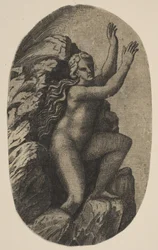 Eurydike naken stående på en sten, armarna upphöjda till höger, ca. 1515-27.