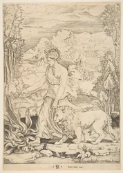 Motstånd i profilvy går mot en eld till vänster och leder en selad lio..., ca. 1515-27.