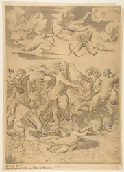 Galatea rider i ett skal som dras genom vattnet av delfiner, en cupid nedanför och f..., ca. 1515-27.